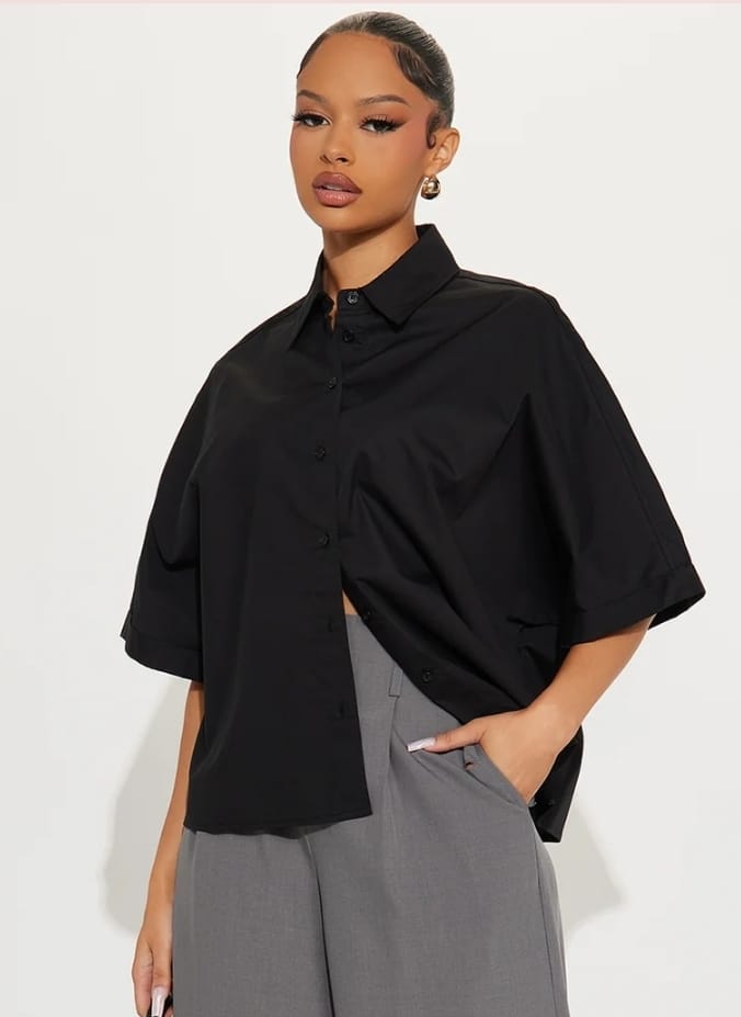 Oversized Button-up Cotton Shirt - Black