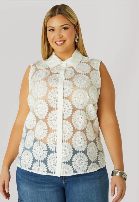White Floral Embroidered Mesh Shirt