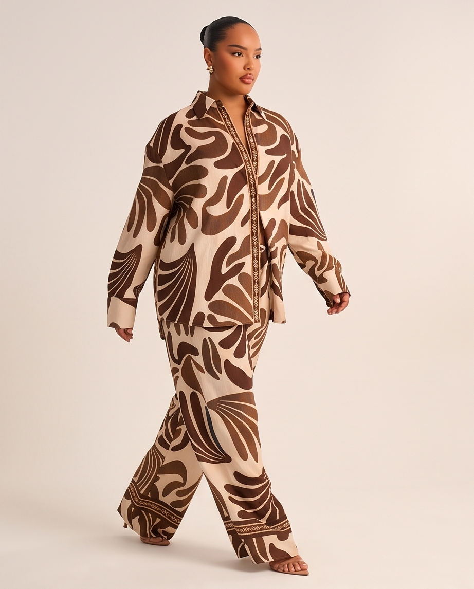 Coastal Love Pants Set- Brown& White
