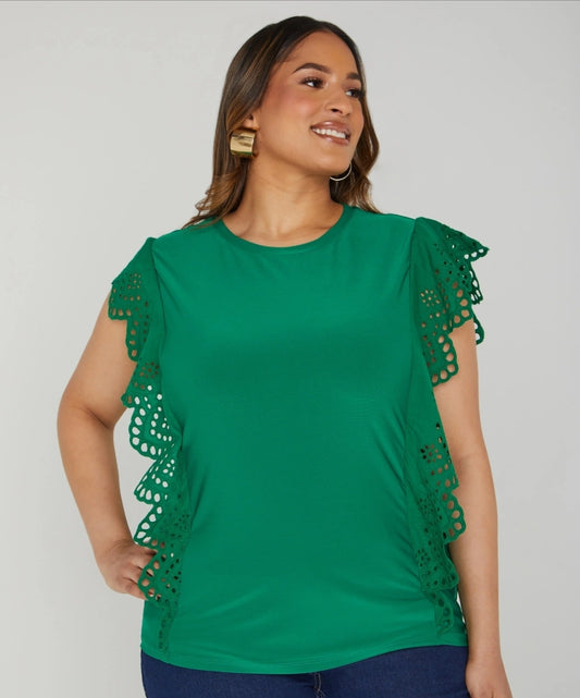 Eyelet Ruffled Sleeve Jersey Top