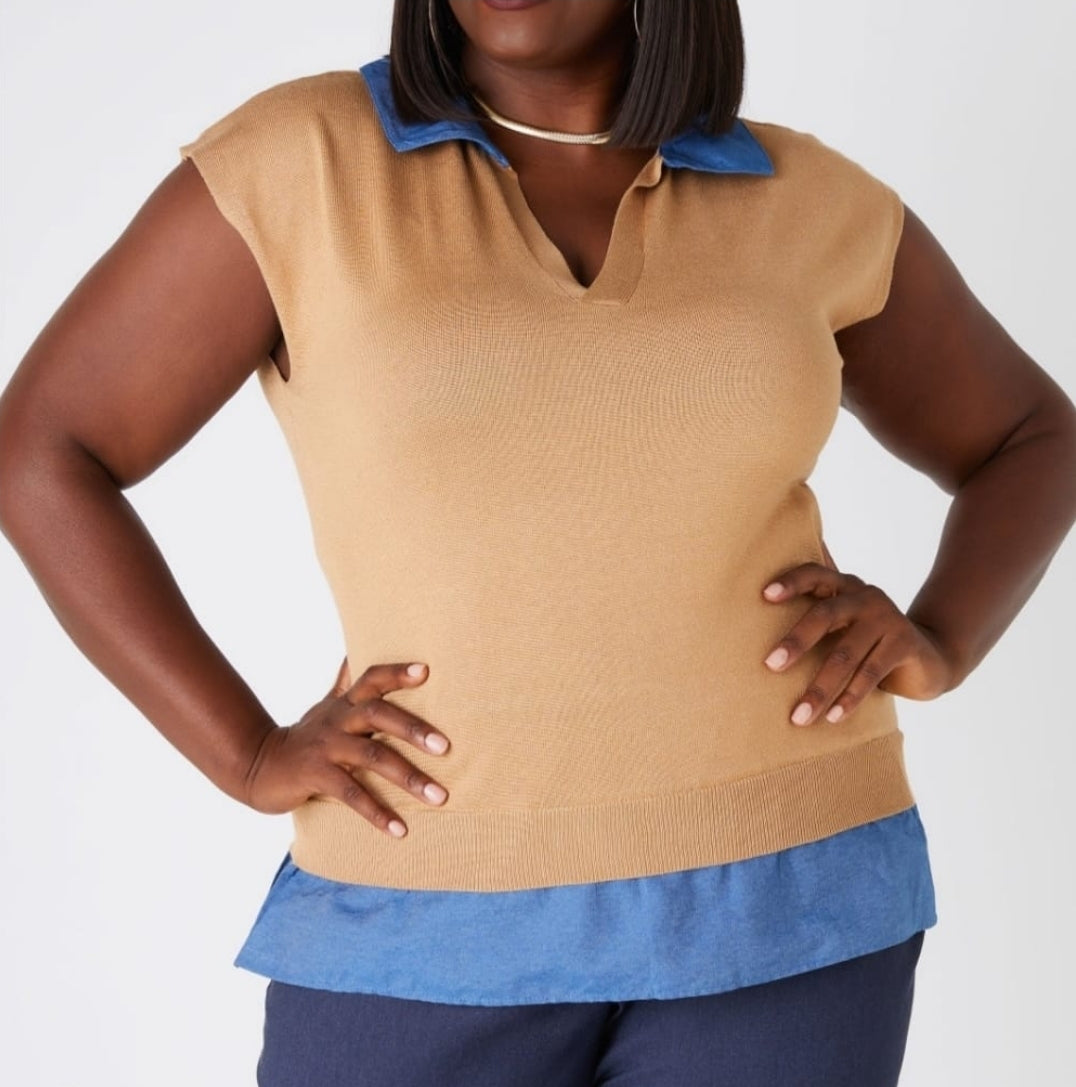 Two-Fer Sweater Top (brown) . Also available in khaki and chambray