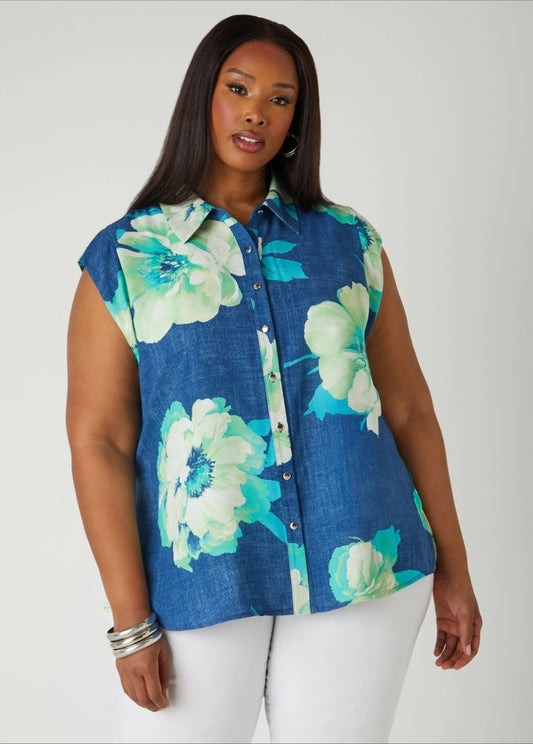 Floral Denim Print Shirt - Blue/green/white